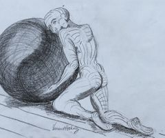 Man pushing a sphere, drawing by imagination, A3; (1)